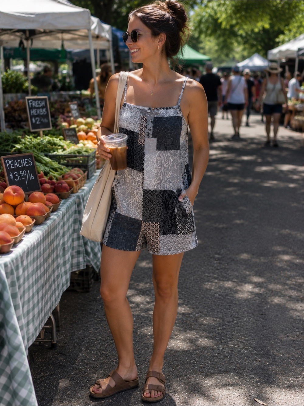 Boho Patchwork Print Sleeveless Romper Geometric Patterns Farmhouse
